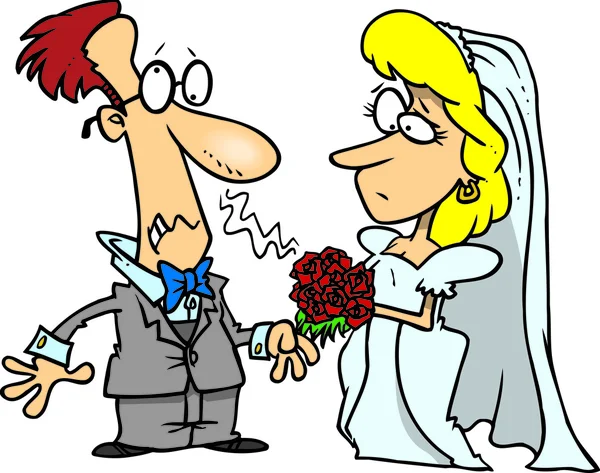 Bräutigam allergisch auf den Strauß seiner Braut, auf weißem Hintergrund. — Stockvektor