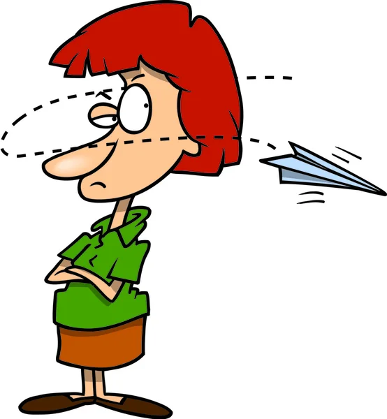 Geërgerd rood hoofd vrouw in de buurt van een papieren vliegtuig clipart illustratie — Stockvector