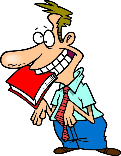 Goedkeuring op zoek naar werknemer met een boek in zijn mond, op een witte achtergrond. — Stockvector