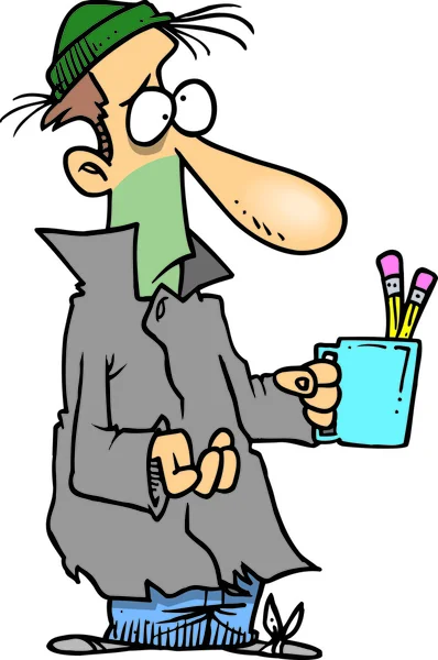 Un colorato cartone animato di un mendicante che tiene una tazza di matite — Vettoriale Stock