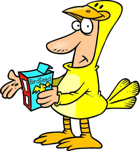 Cartone animato di un uomo vestito con un costume da anatra con una scatola di semi di uccello — Vettoriale Stock