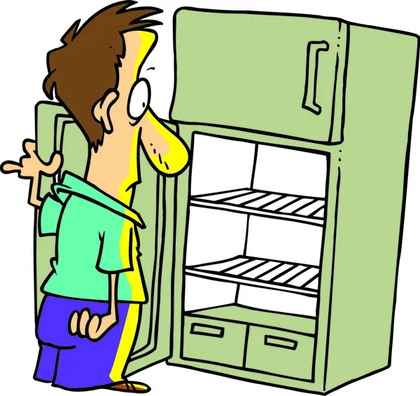 Hombre buscando en un refrigerador vacío — Vector de stock