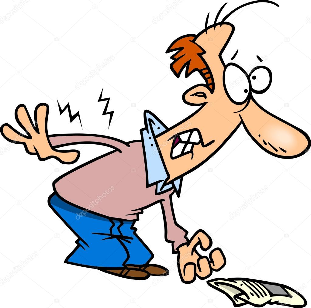 Man picking up a newspaper and hurting his back, on a white background.
