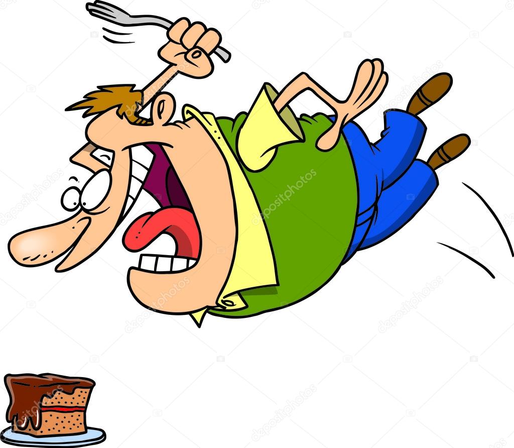 Man Diving Towards a Cake With a Fork Clipart Illustration