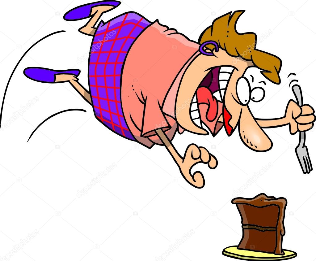 A Colorful Cartoon of a Woman Diving For a Piece of Cake