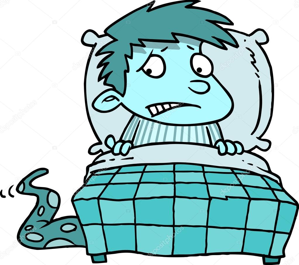 A Colorful Cartoon of a Scared Boy In Bed Worrying About Monsters Under His Bed