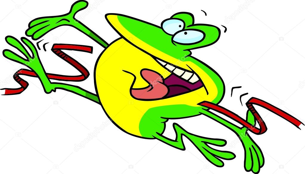 Hopping frog breaking through the finish line ribbon, on a white background.