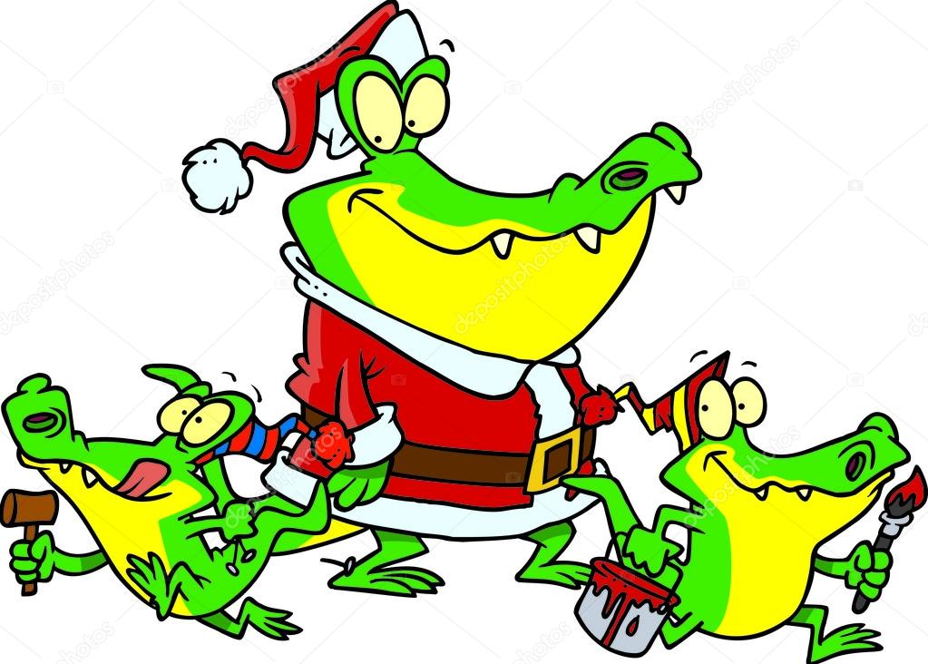 Alligator santa with little gator elves, on a white background.