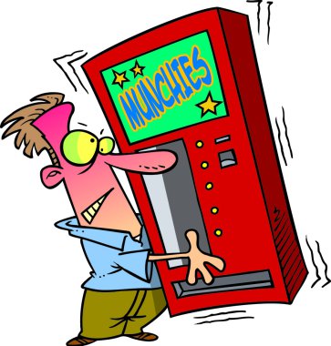 Cartoon Man Shaking a Snack Vending Machine clipart