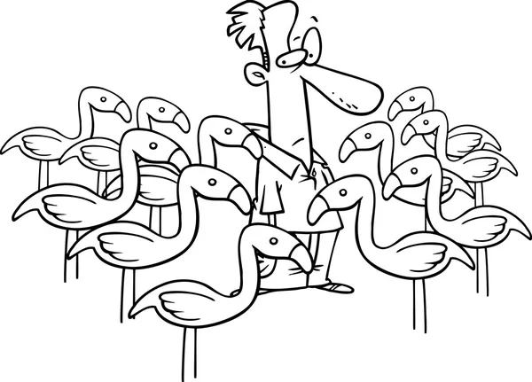 Homem dos desenhos animados cercado por Flamingos —  Vetores de Stock