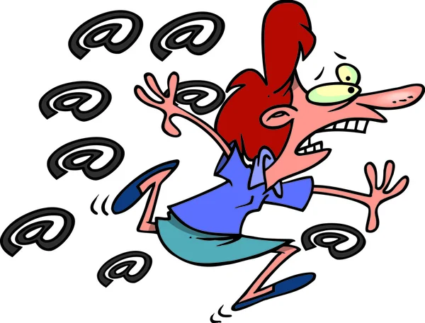 Mujer de dibujos animados huyendo de correo electrónico spam — Vector de stock