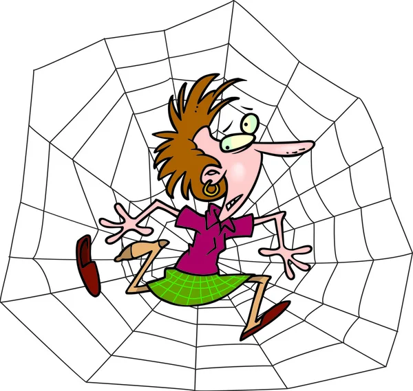 Mulher dos desenhos animados presa em uma teia de aranha — Vetor de Stock