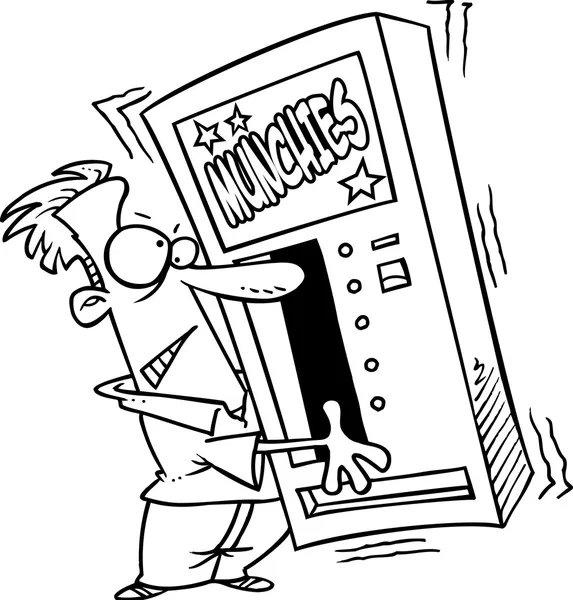 Homem dos desenhos animados sacudindo uma máquina de venda automática de lanches — Vetor de Stock