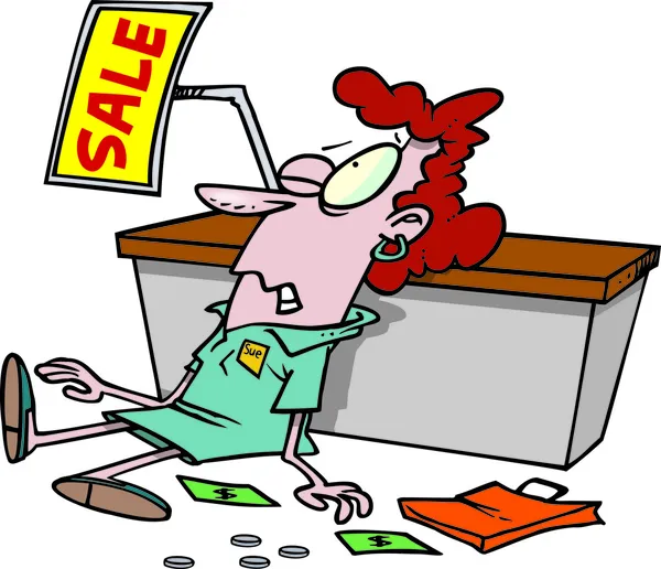 Cartone animato Esausto vendita Shopper — Vettoriale Stock