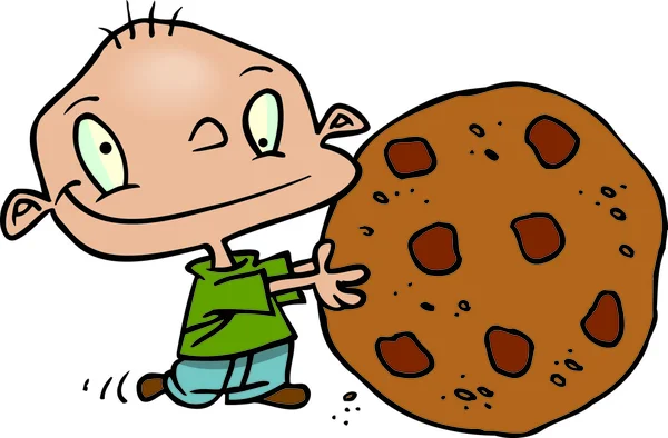 Chico de dibujos animados sosteniendo galleta gigante — Archivo Imágenes Vectoriales