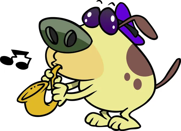 Perro de dibujos animados jugando saxofón — Archivo Imágenes Vectoriales