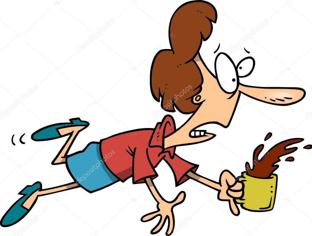 Cartoon Woman Stumbling with Coffee