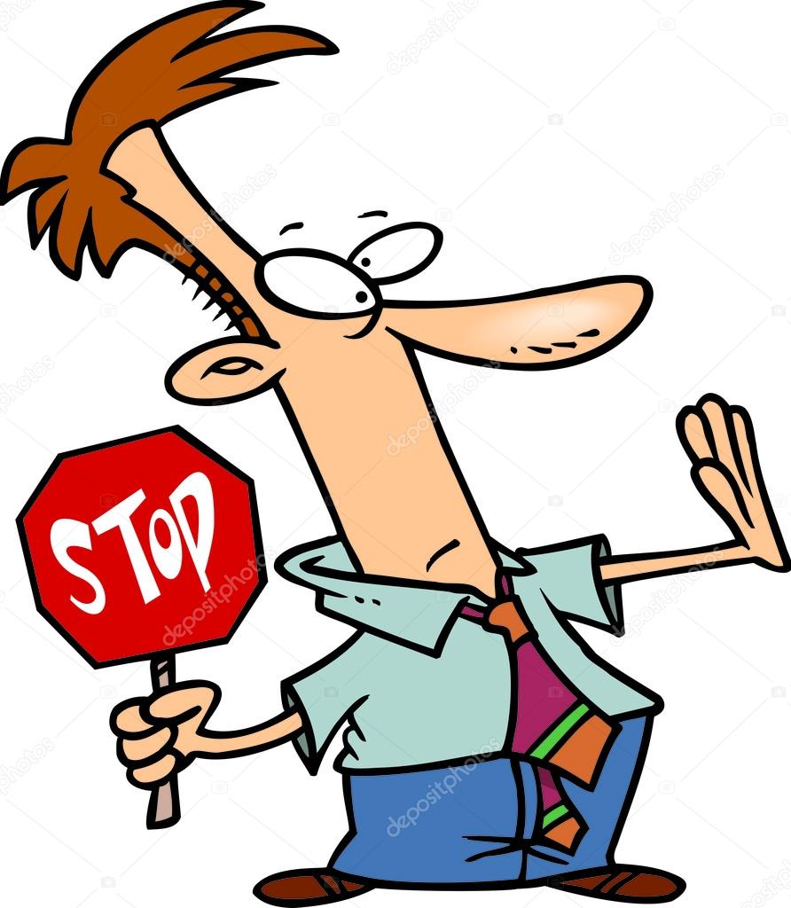 Cartoon of Man Holding Stop Sign And Showing Stop Gesture Stock