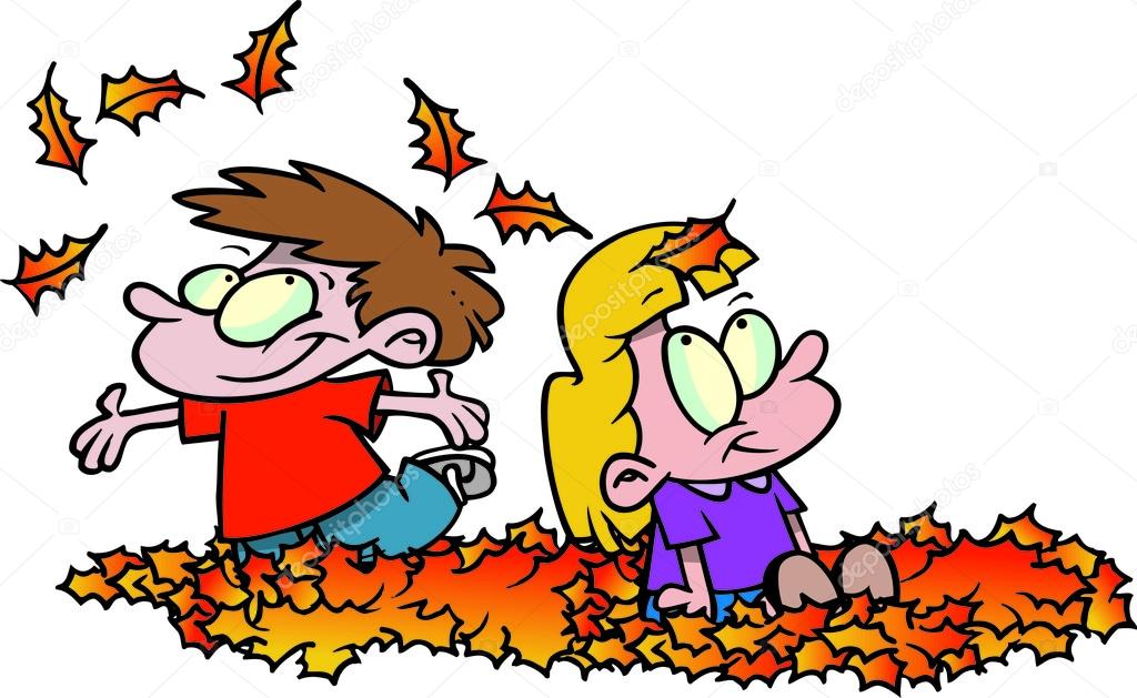 Cartoon Kids Playing in Leaf Pile - Stock Vector. 