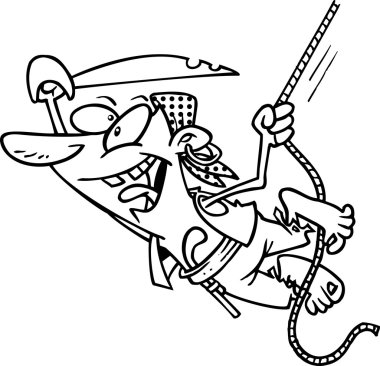 çizgi film erkek korsan bir ip basılı tutarak havaya salınan