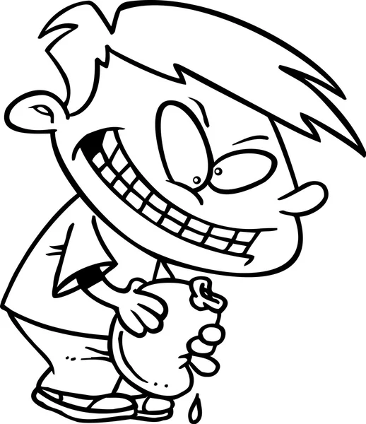 Black and white line art illustration of a mischievous cartoon boy holding a water balloon