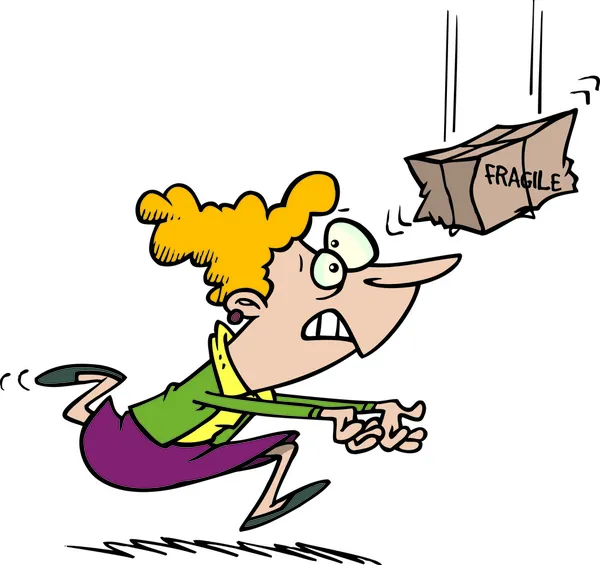 Мультфильм женщина бежит, чтобы поймать падающий хрупкий пакет — стоковый вектор