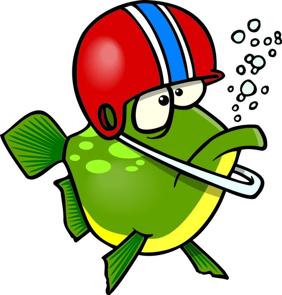 Un pez de dibujos animados con casco de fútbol — Vector de stock