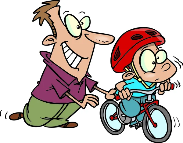 Zeichentrickjunge lernt Fahrradfahren — Stockvektor