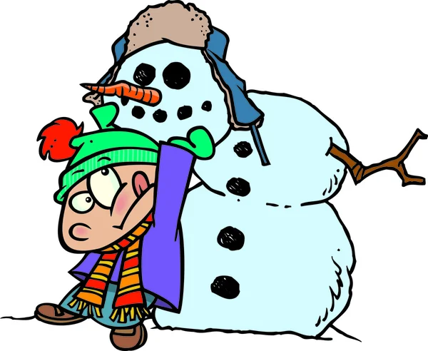 Γελοιογραφία αγόρι κτίριο έναν χιονάνθρωπο — Διανυσματικό Αρχείο