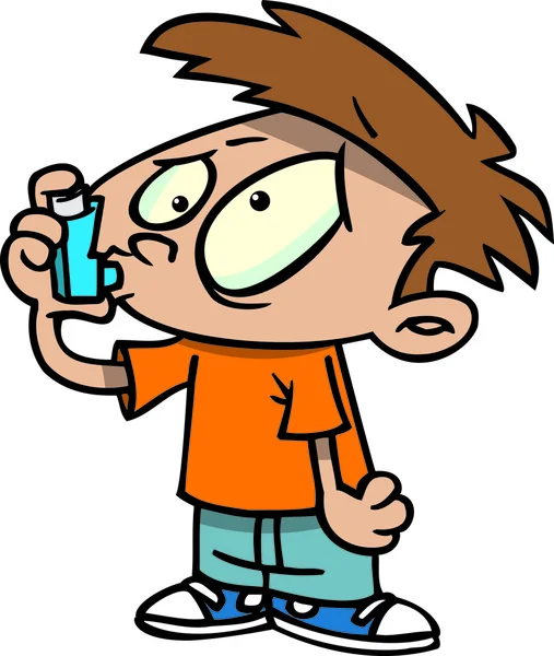 Niño de dibujos animados con inhalador de asma — Vector de stock