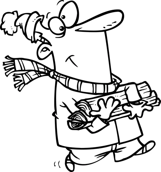 Dibujos animados hombre de invierno llevando leña — Vector de stock