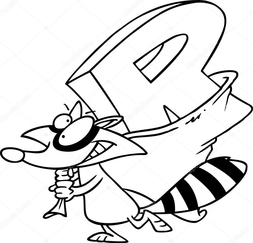 Cartoon raccoon thief carrying the alphabet letter R in a sack