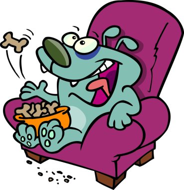 CARTOON LAZY DOG EATING BISCUITS ON A CHAIR clipart