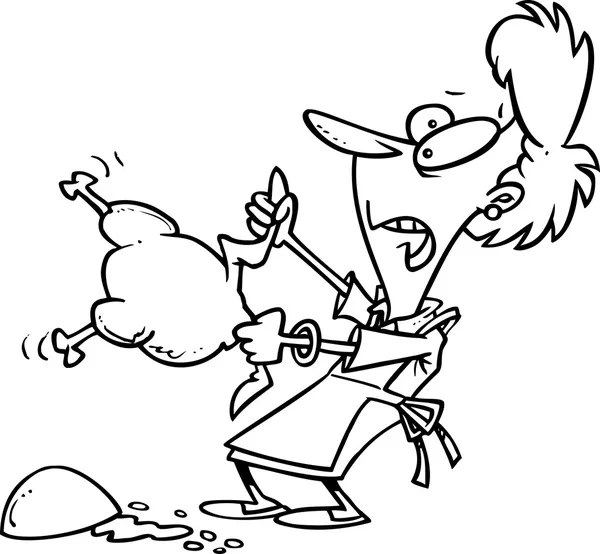 Dibujos animados mujer lucha un pavo — Archivo Imágenes Vectoriales