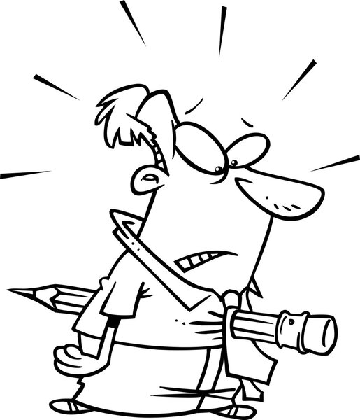 Cartoon businessman with a pencil through his cahest