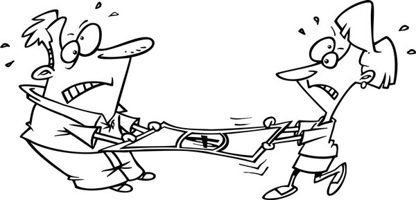 Мультфильм мужчина и женщина растягивая доллар
