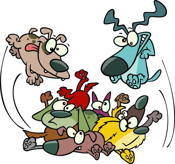 Cães dos desenhos animados pulando em uma pilha — Vetor de Stock