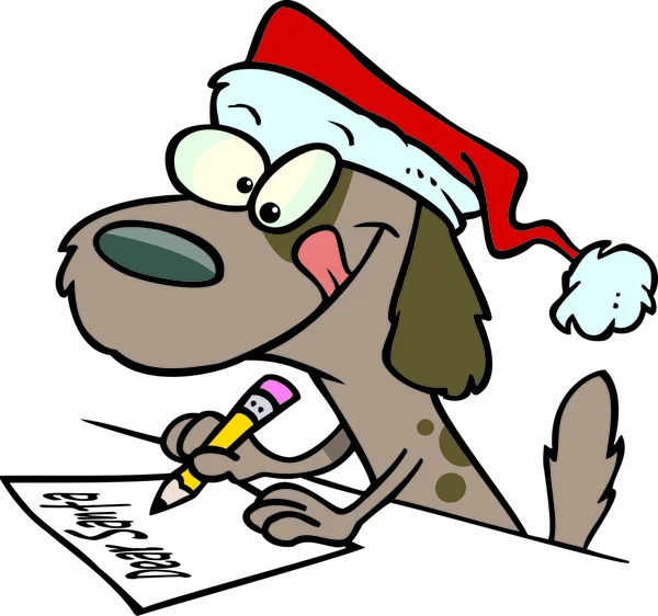 Chien de chiot brun dessin animé portant un chapeau de Père Noël et écrivant une lettre — Image vectorielle