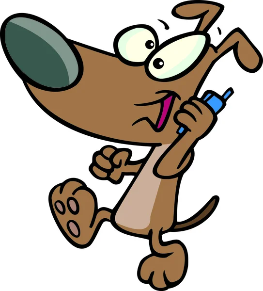 Cartone animato di un allegro cane marrone e telefono — Vettoriale Stock