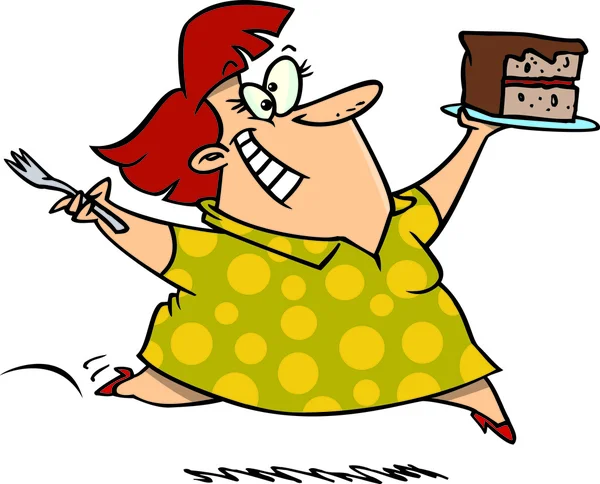 Cartone animato di una paffuta donna caucasica e una torta — Vettoriale Stock