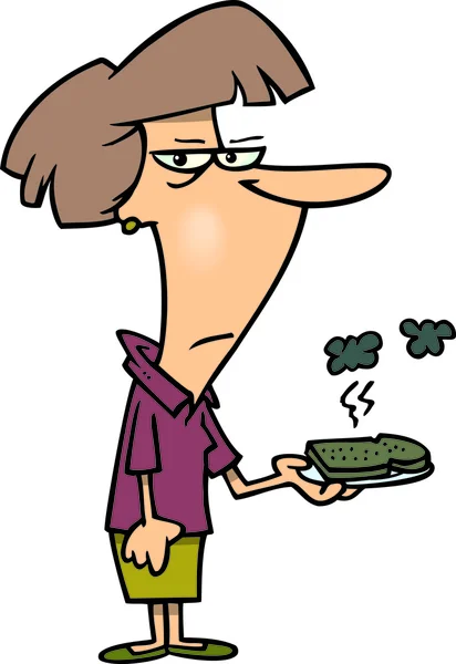 Cartoon van een vrouw met gebrande sandwitch — Stockvector