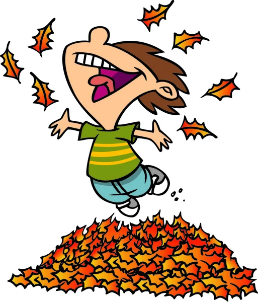 Cartoon Boy Jumping in Leaf Pile — Stock Vector