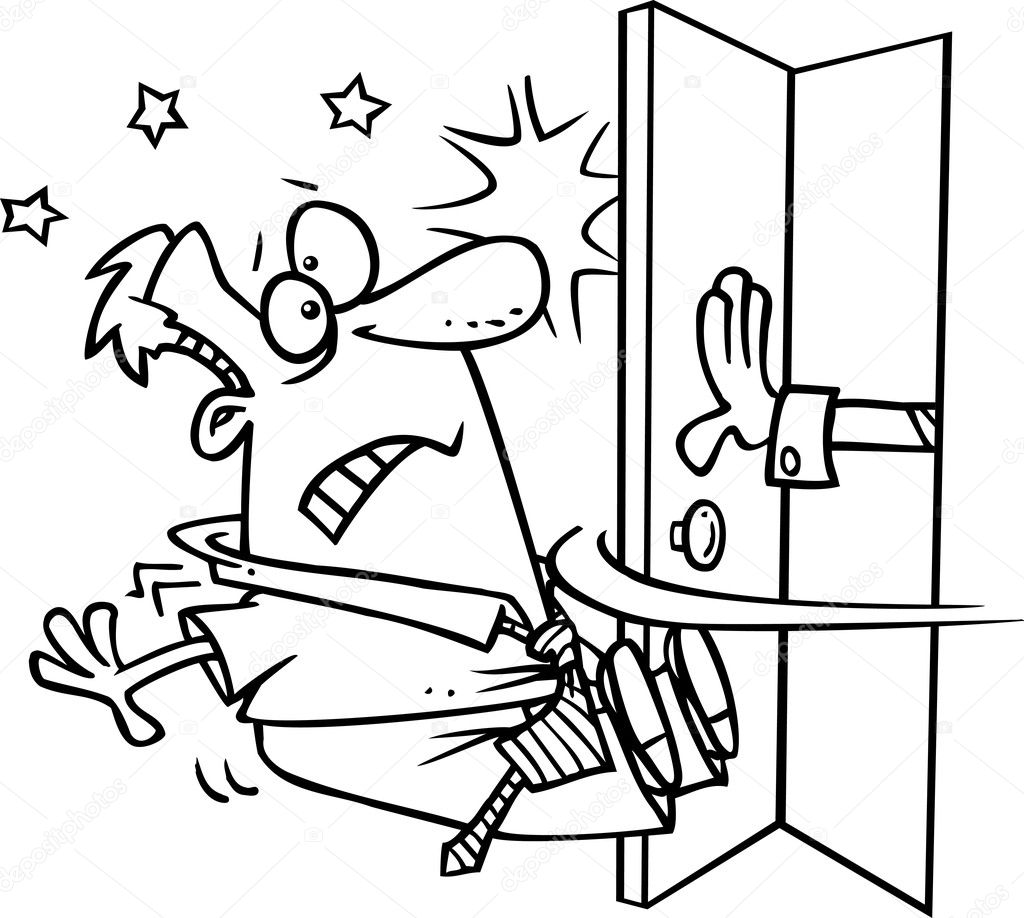 Cartoon hand pushing open the door and knock a man