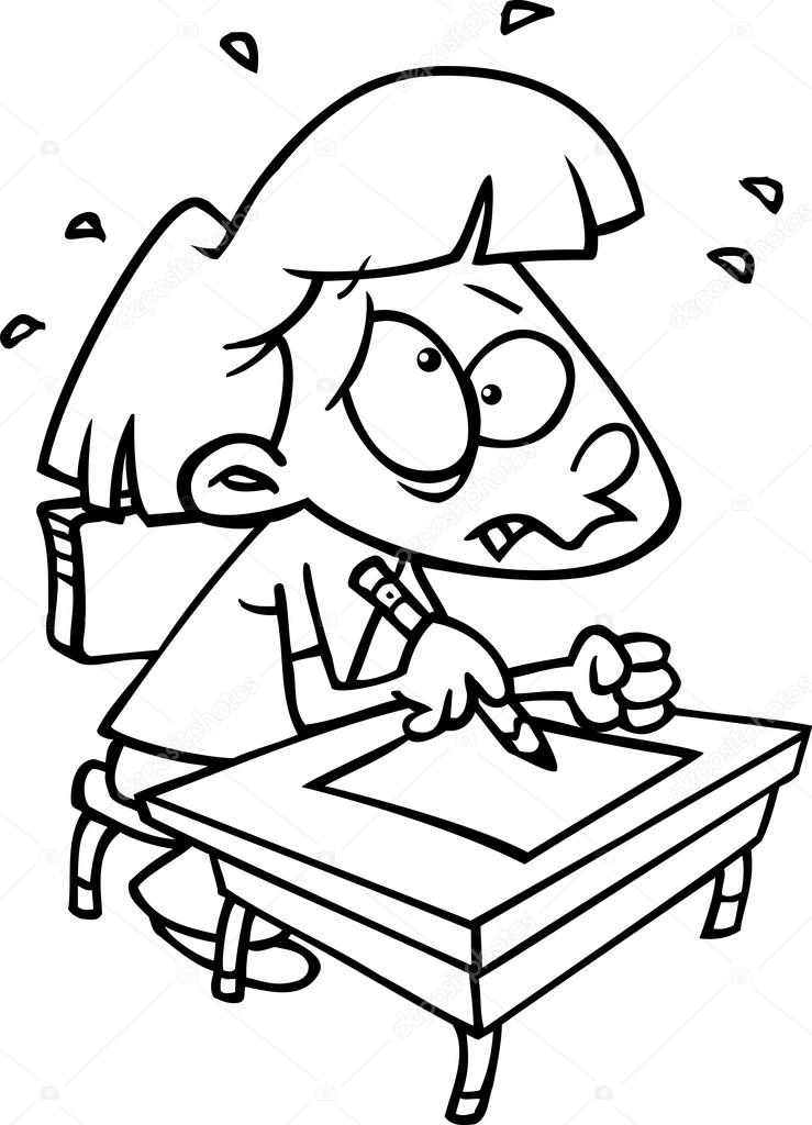 Cartoon schoolgirl stressed taking a test