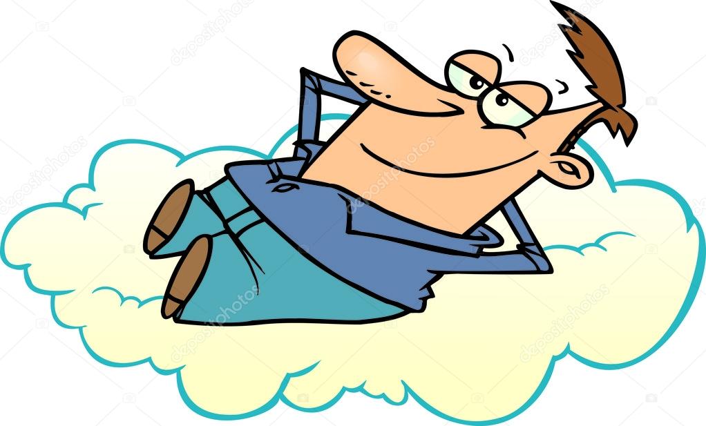 CARTOON MAN DAYDREAMING ON A CLOUD