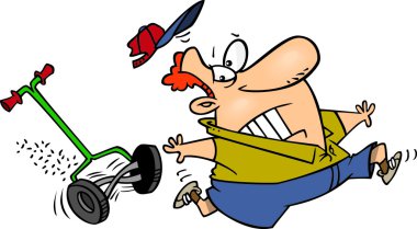 Çim biçme makinesi tarafından kovalanan karikatür adam