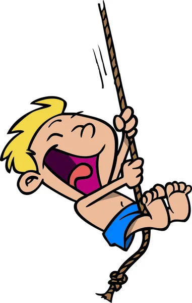 Cartoon Boy on a Rope Swing - Stok Vektor