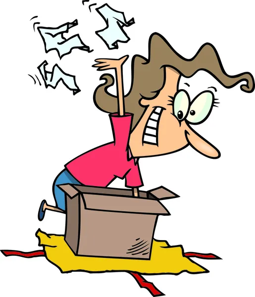 Κουτί γελοιογραφία γυναίκα αποσφράγισης της συσκευασίας δώρων — Διανυσματικό Αρχείο