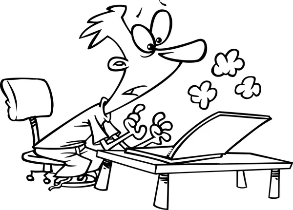 Cartone animato giovane utilizzando un computer portatile fumatori — Vettoriale Stock