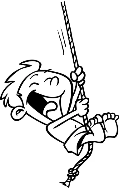 Cartoon Boy on a Rope Swing - Stok Vektor